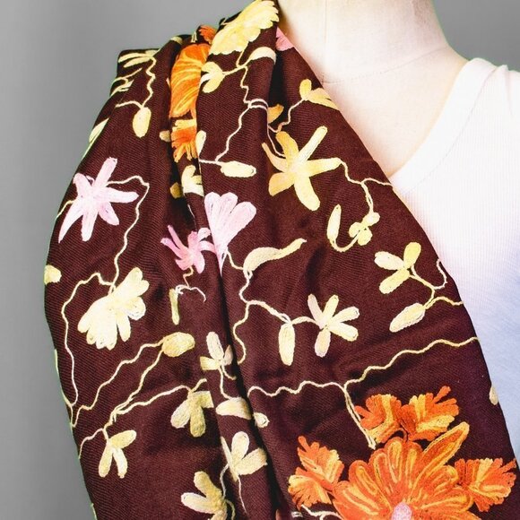 KASHMIRI Floral Shawl | Kashmir Wool Hand-Embroidered Floral Shawl | 72” x 24” - Picture 3 of 11